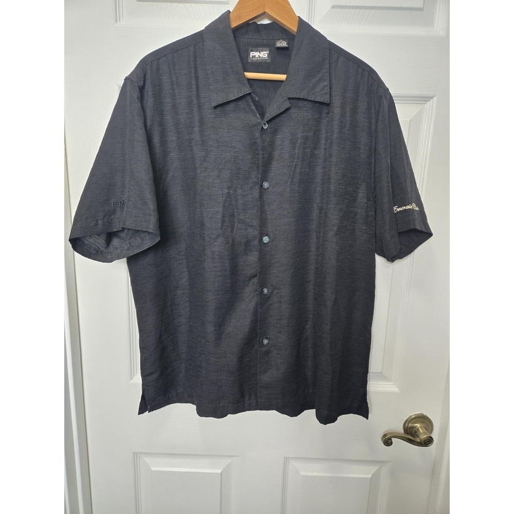 Ping Shirt Mens Large Black Geometric Silk Button Up Golf Outdoors Emerald Club